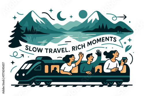 Luxury Train Odyssey. Luxury train journeys through scenic landscapes. A sleek locomotive glides past mirror-still lakes and peaks; ?Slow travel, rich moments?