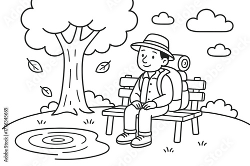 Traveler's Peaceful Pause. Peaceful reflection stop children?s coloring book illustration, outlined drawing, a traveler sitting calmly on a bench under a tree
