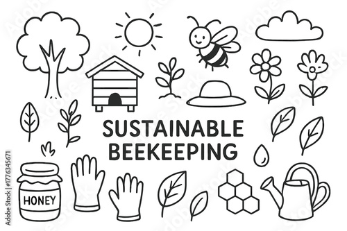 Sustainable Beekeeping Icons. Sustainable beekeeping. Hand-drawn doodle illustration beehive, tree, bee, flower, jar of honey, plant, leaf, glove, hat, sun,