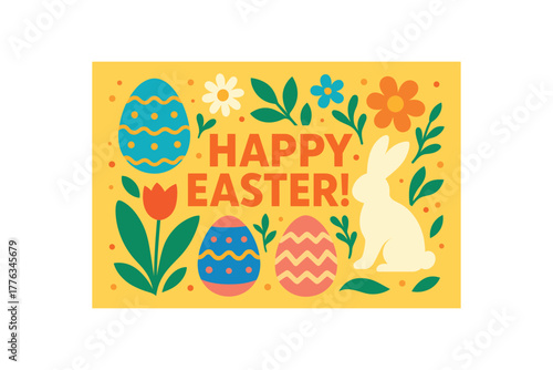 Flat vector illustration bright cheerful Easter banner Bold lettering: Happy Easter! The illustration features stylized decorated eggs bunny silhouette and spring flowers Stock vector style