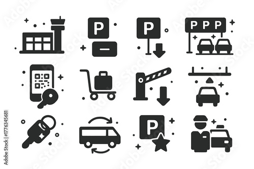Airport Parking Icons. Airport smart parking. Solid icons set of Airport smart parking: terminal silhouette, long-term sign, short-term sign,