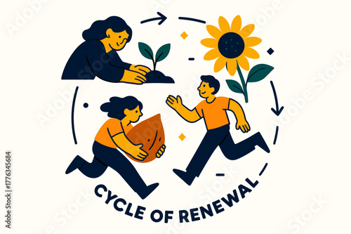 Cycle of Renewal. Seeds ? Seasonal Cycle. Circular composition of sprout > flower > seed; small arrows trace time?s rhythm. Tag ?cycle of renewal?. Modern flat