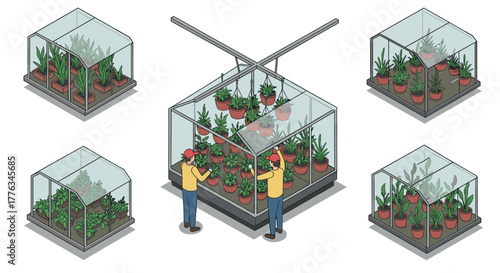 Isometric greenhouse designs featuring potted plants and gardeners