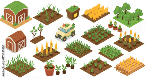 Isometric farm elements with crops, trees, barns, and tools for agriculture design