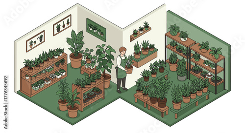 Isometric indoor plant shop with various greenery and potted plants display