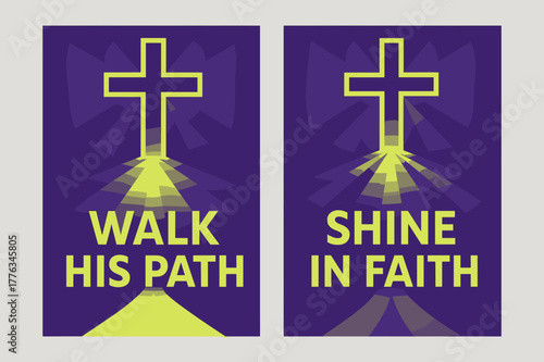 Path of Light Banners. Path of Light. Two vertical A6 banners with safe margins, centered composition, no elements touching edges, geometric, royal purple and