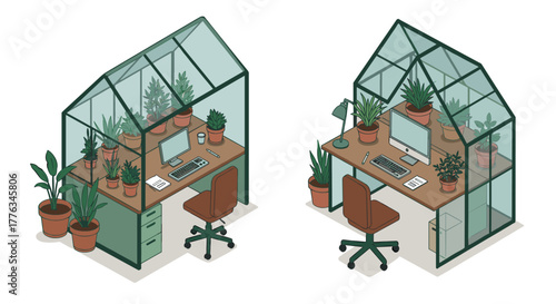 Office desks in greenhouse with plants and computers in isometric style
