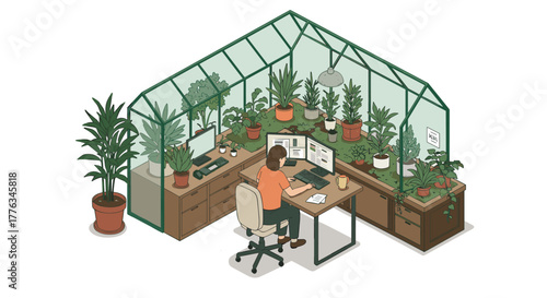 Home office greenhouse workspace with indoor plants and computer