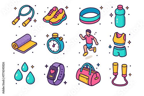 Colorful Fitness Icons. Exercise routine. Colorful isometric vector icons set of exercise routine: skipping rope, sneakers, sweatband, water bottle, gym mat,
