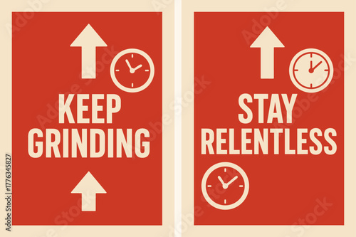 Motivational Banners. Keep grinding. Two vertical A6 banners with safe margins, centered composition, no elements touching edges, flat vector design, red and