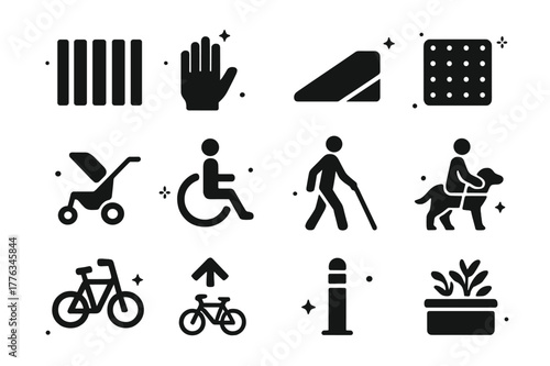 Pedestrian Icon Grid. Pedestrian crosswalk and sidewalks. Solid icons set of Pedestrian crosswalk and sidewalks: zebra crosswalk, walk signal hand, curb ramp,