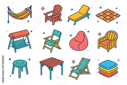Garden Seating Icons. Garden seating options. Colorful isometric vector icons set of Garden seating options: hammock, adirondack chair, chaise lounge, picnic