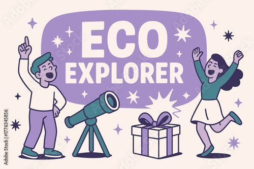 Eco Explorer Celebration. Eco explorer banner, flat vector illustration, bold oversized text inside rounded blob, cartoon characters shouting and dancing,
