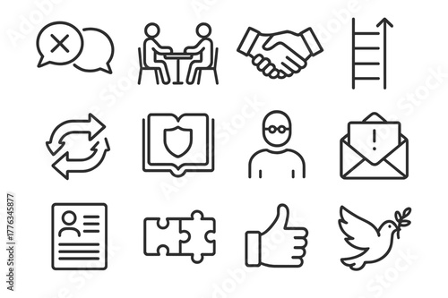 Workplace Conflict Icons. Conflict at work. Line icon set of conflict at work: crossed speech bubbles, mediation table, handshake, escalation ladder, feedback