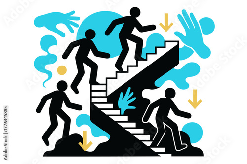 Endless Shadowy Descent. Eternal Descent. Shadowy figures stepping down an endless staircase that twists into darkness. Hands reach from negative space as