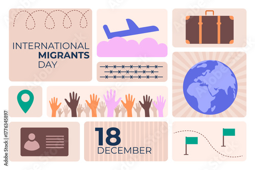 Bento-style vector illustration for International Migrants Day with raised hands, globe, suitcase, airplane, and symbols of migration, unity, and human rights.