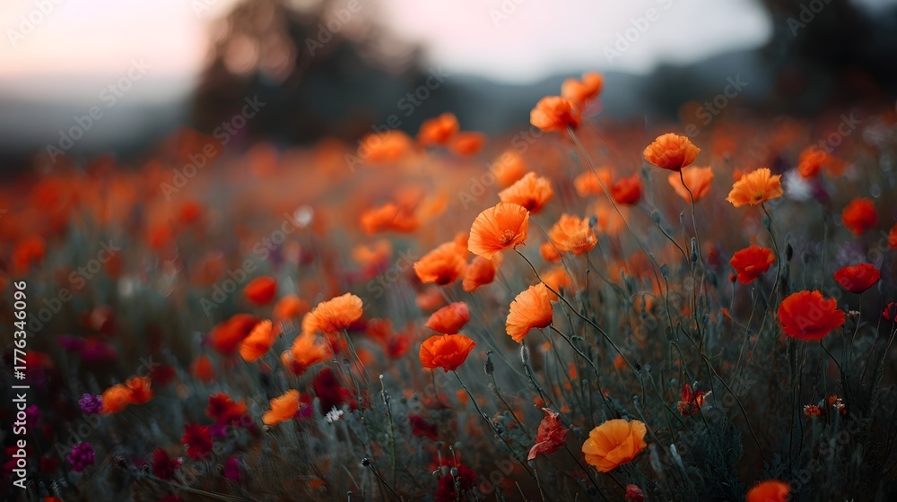 Obraz premium A vibrant field of red and orange poppies blooming under the soft light of golden hour creating a serene natural landscape