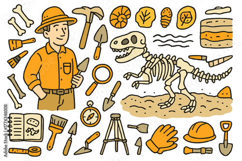 Paleontologist's Toolkit Adventure. Prehistoric discovery. Hand-drawn doodle illustration paleontologist (colored), dinosaur skeleton (colored), fossils