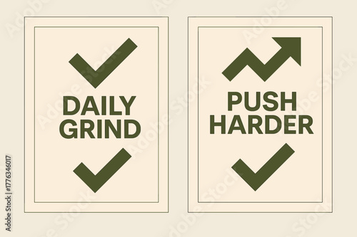 Motivational Banners. Daily grind. Two vertical A6 banners with safe margins, centered composition, no elements touching edges, geometric, olive green and
