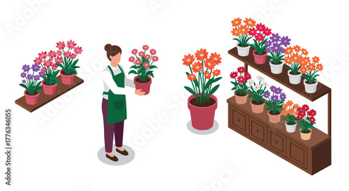 Isometric flower shop with potted plants and shelves