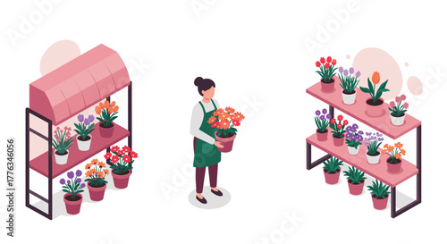 Isometric floral shopkeeper with colorful plant pots on displays