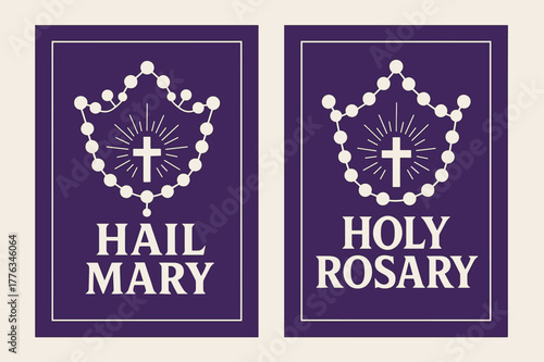 Rosary Devotion Banners. Rosary Devotion. Two vertical A6 banners with safe margins, centered composition, no elements touching edges, bold, royal purple and