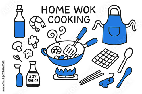 Wok Cooking Essentials. // Home wok cooking. Hand-drawn doodle illustration Home wok cooking [gas stove flame (accented), wok (accented), shrimp, spatula
