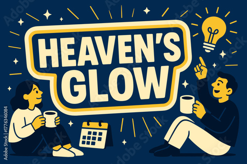 Heavenly Banner Glow. Heaven?s Glow banner, flat vector illustration, bold oversized text inside sticker outline banner, cartoon characters sitting and holding