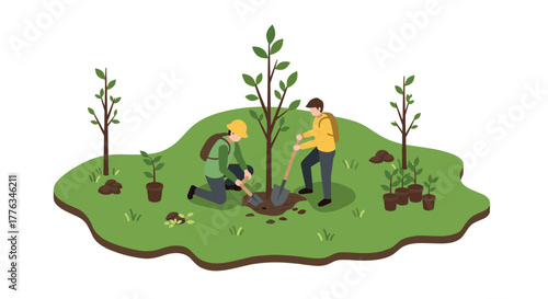 Isometric gardening people planting trees in ecofriendly landscape design
