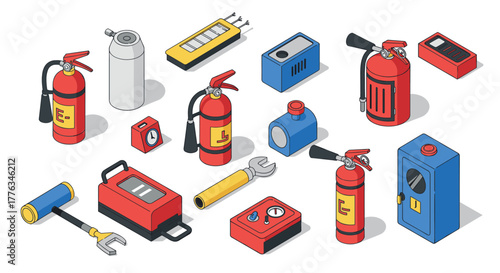 Wallpaper Mural Isometric fire safety equipment set with fire extinguishers, alarm, firstaid kit, and toolbox Torontodigital.ca