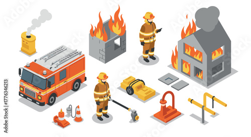 Isometric firefighting scene with equipment, firefighters, and buildings