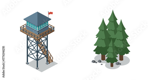 Isometric fire watchtower and pine trees in forest setting