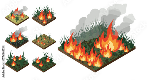 Isometric fire sequence grassland burning stages with smoke in detailed view