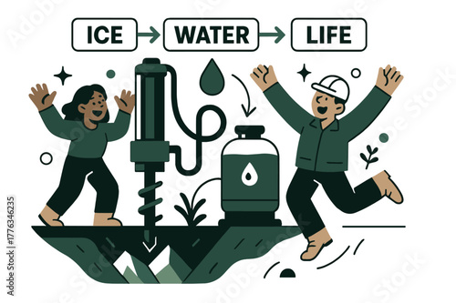 Ice to Water Transformation. Water extraction & ice mining. A drill rig hums beside a shaded trench as blue arrows show ?Ice > Water > Life?. Technicians cheer