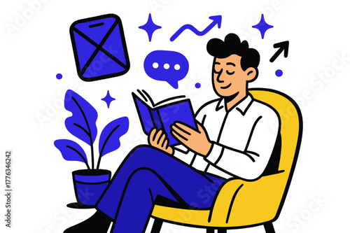 Digital Detox Focus. Digital detox for employees. Employee reading book in quiet corner with abstract floating icons, arrows, and sparkles; emphasizes focus,