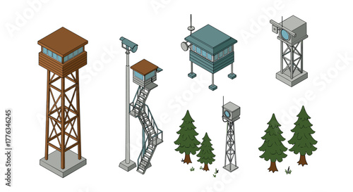 Isometric watchtowers and evergreen trees collection for nature surveillance design