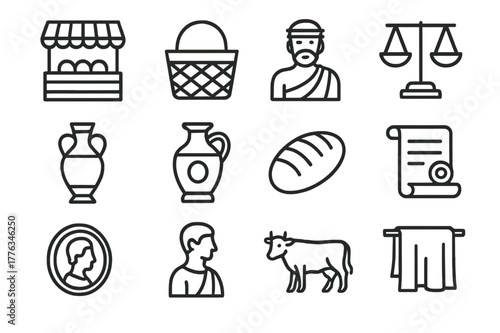 Ancient Marketplace Icons. Ancient marketplaces. Line icon set of ancient marketplaces: market stall, basket, merchant, scales, amphora, olive oil jar, bread