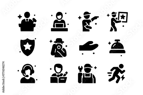 Auction Staff Icons. Auctioneer and staff. Solid icons set of Auctioneer and staff: auctioneer at podium, clerk typing, ringman pointing, porter carrying art,
