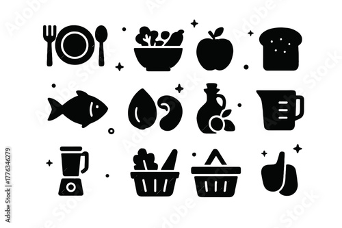 Wellness Nutrition Icons. Nutrition for wellness. Solid icons set of Nutrition for wellness: plate, fork, spoon, vegetables bowl, fruit, whole grain bread,