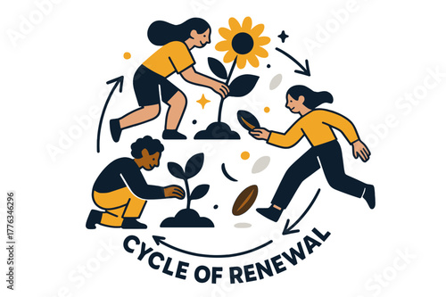 Cycle of Renewal. Seeds ? Seasonal Cycle. Circular composition of sprout > flower > seed; small arrows trace time?s rhythm. Tag ?cycle of renewal?. Modern flat