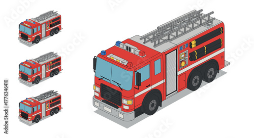 Isometric red fire truck with ladders and hoses on white background