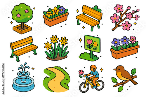 Urban Spring Icons. Urban spring blooms. Colorful isometric vector icons set of Urban spring blooms: tree planter box, balcony flower pot, city park bench,