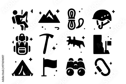 Outdoor Adventure Icons. Outdoor Adventure. Solid icons set of Outdoor Adventure: climber, mountain, rope, helmet, backpack, ice axe, crampons, cliff, tent,