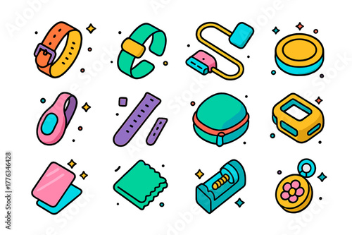 Colorful Wearable Accessories Icons. Wearable accessories. Colorful isometric vector icons set of Wearable accessories: watch band, magnetic clasp, charging