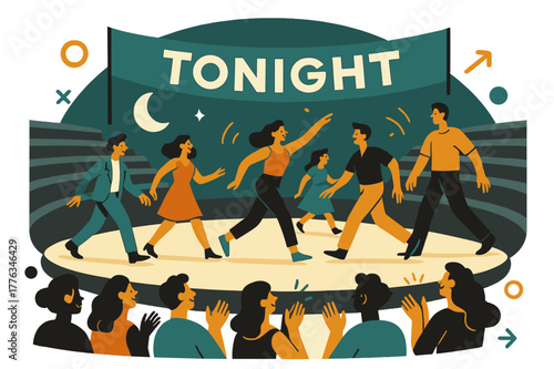 Moonlit Theater Performance. Open-Air Amphitheater Performance. Actors stride across a semicircular stage; moonlight washes the stone tiers as ?Tonight? glows