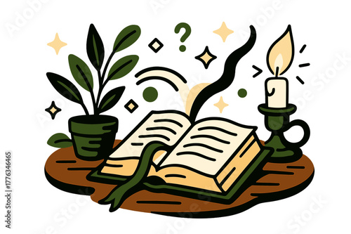 Antique Reading Nook. Antique Books ? Reading Nook. An open book rests on a wooden table; candlelight curves across the pages. A bookmark ribbon flows like a