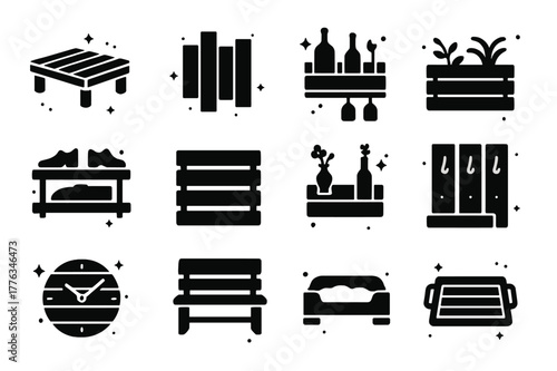 Pallet Decor Icons. DIY pallet decor projects. Solid icons set of DIY pallet decor projects: pallet coffee table, pallet wall art, pallet wine rack, pallet