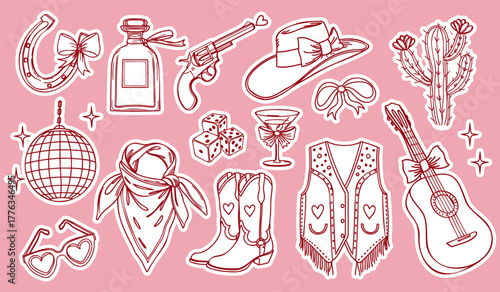 Cowgirl coquette aesthetic stickers set. Cowgirl party elements collection. 