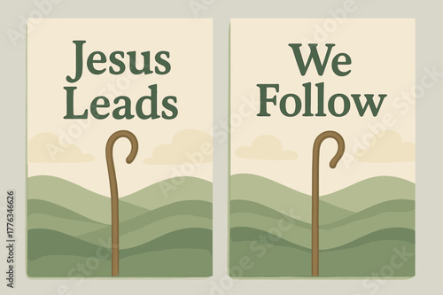 Guiding Shepherd Banners. Shepherd?s Way. Two vertical A6 banners with safe margins, centered composition, no elements touching edges, pastel, sage and cream,