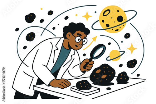 Asteroid Research Lab. Asteroid belt studies. Scientist in lab analyzing asteroid samples with abstract floating celestial icons and orbit lines; conveys